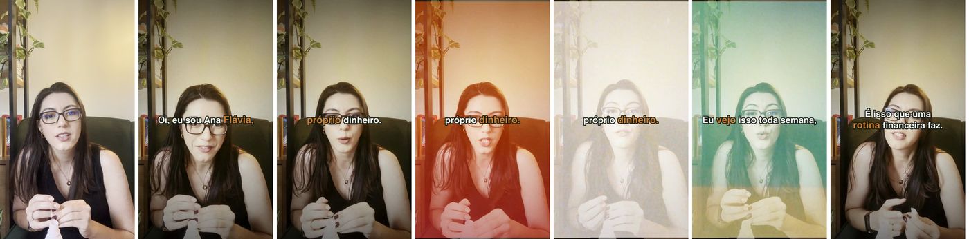 Sequência de quadros: o vídeo bruto, a tarde dourada e o queimado passando pelo vermelho, pelo branco e pelo verde até voltar ao normal